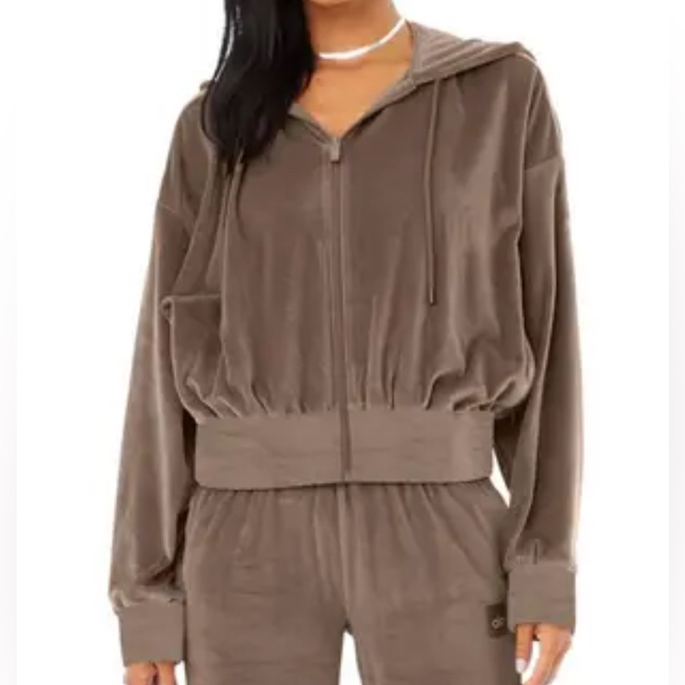 All yoga Beige brown Velour Tracksuit zip up hoodie Sweater Size S